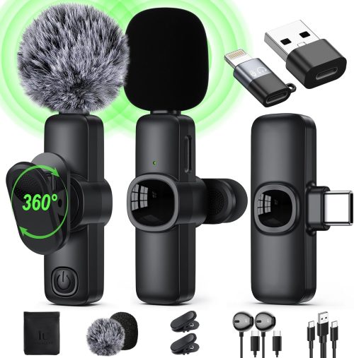 Wireless Lavalier Microphone for iPhone/Android Phone/Laptop/PC, IUMAKEVP 360° Adjustable Clip on Microphone with 100FT Transmission Distance and Noise Cancellation for Vlog, Interview, TikTok (2 Mic)